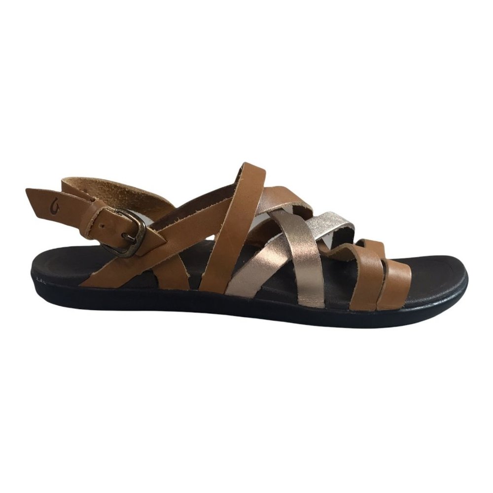 Olukai Womens Awe Awe Sahara Bubbly Strappy Leather Sandal Brown Metallic Size 6